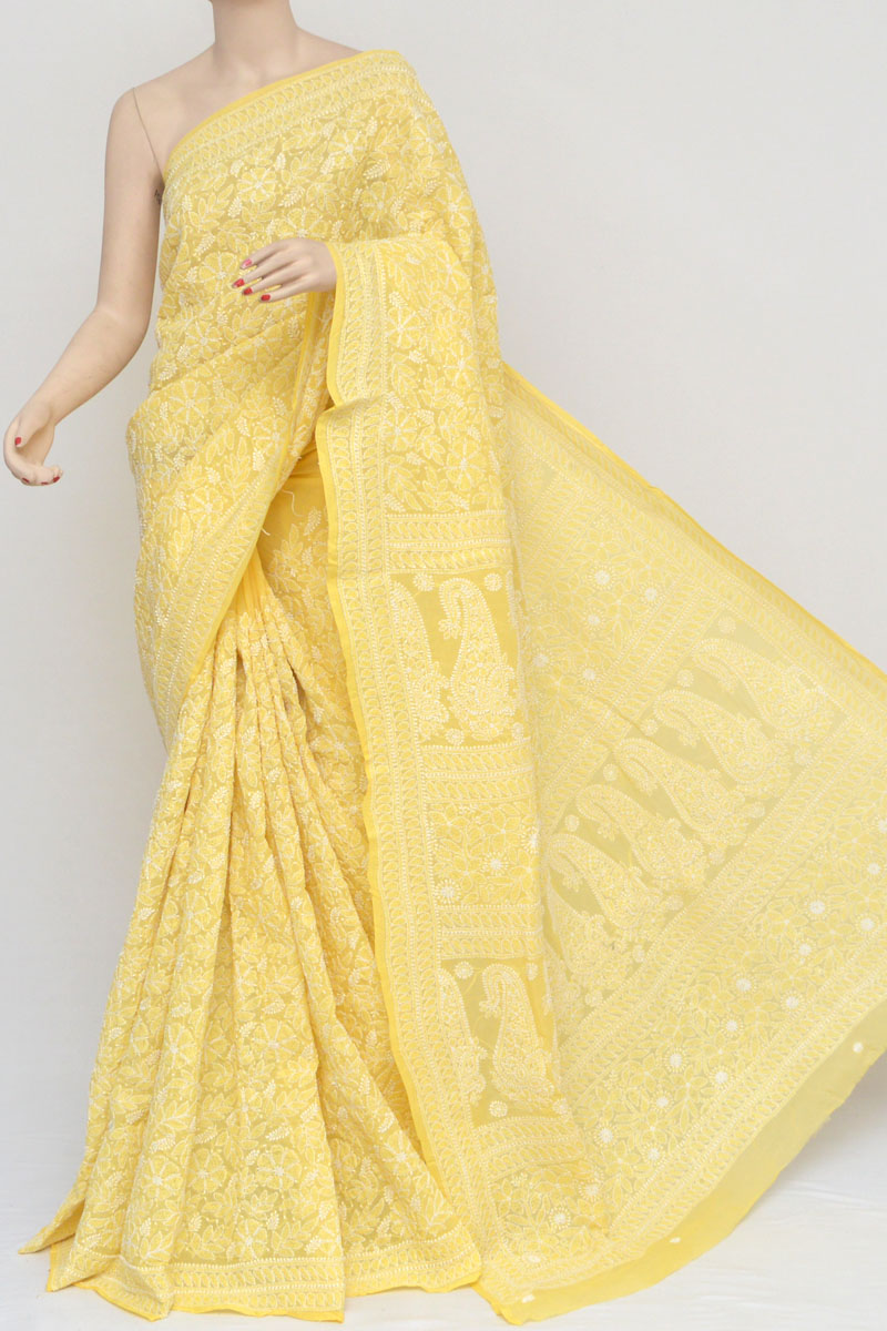 Yellow Color Hand Embroidered Cotton Lucknowi Chikankari Saree (With Blouse-Cotton) MC250965