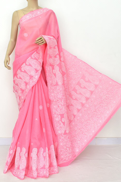 Pink Color Hand Embroidered Lucknowi Chikankari Saree (With Blouse - Cotton) 14891