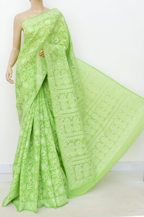Green Allover Hand Embroidered Lucknowi Chikankari Saree (Cotton-With Blouse) 14740