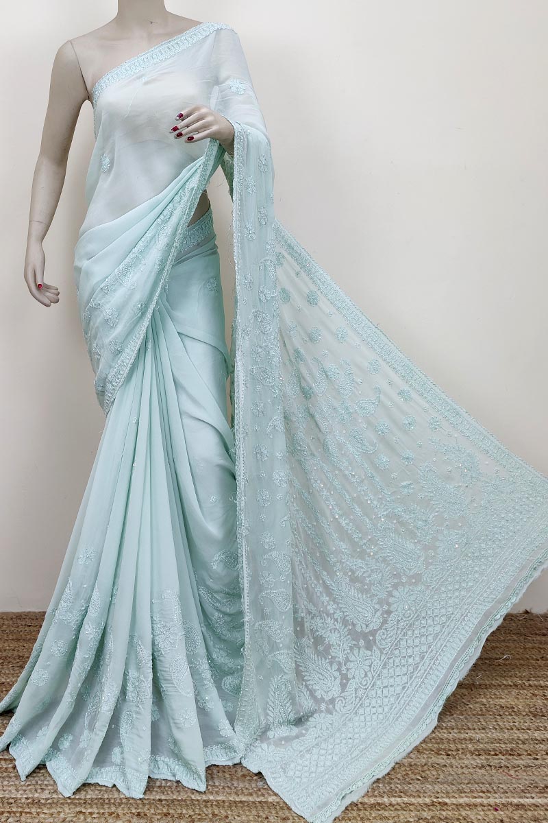 Mint Green Color  Hand Embroidered Lucknowi Chikankari Saree (With Blouse - Viscose) MC252609