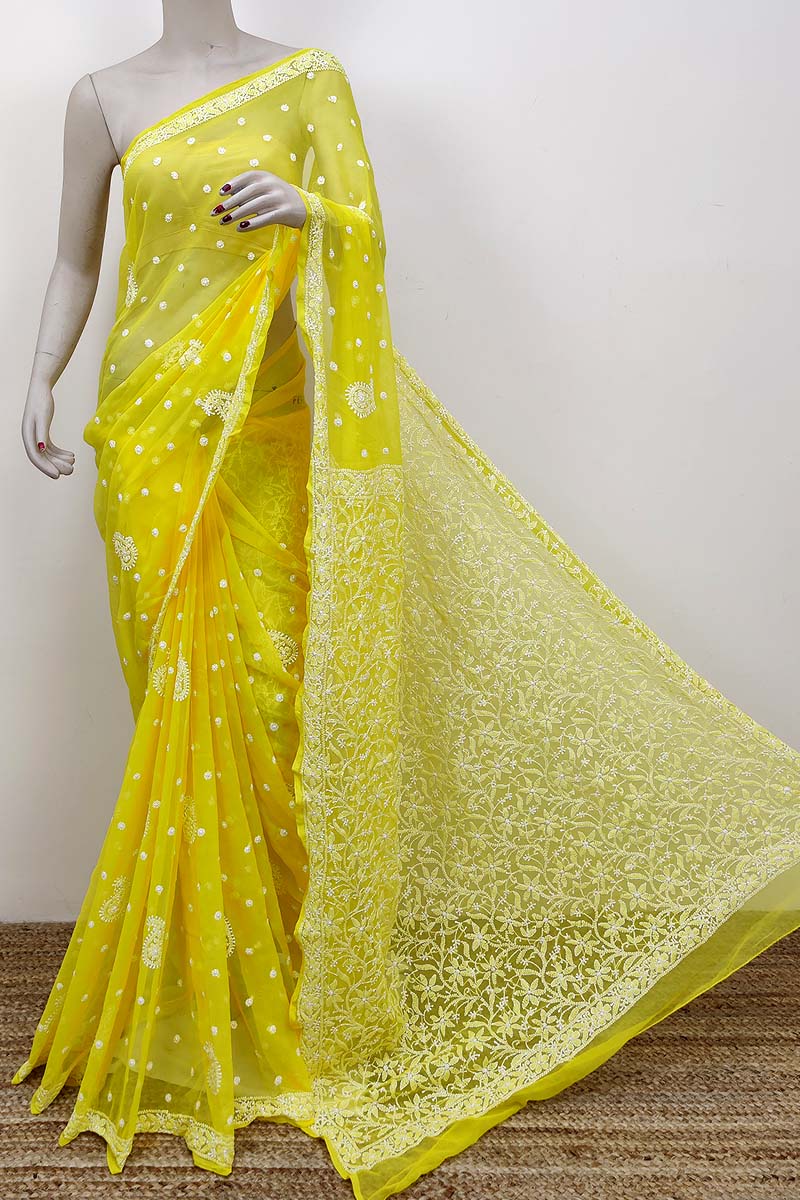 Yellow Color Booti Jaal Designer Hand Embroidered Lucknowi Chikankari Saree (With Blouse - Georgette) MC252520