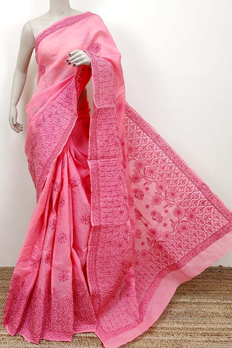 Carrot pink Color Designer Hand Embroidered Lucknowi Chikankari Saree (With Blouse - Cotton) MC252522