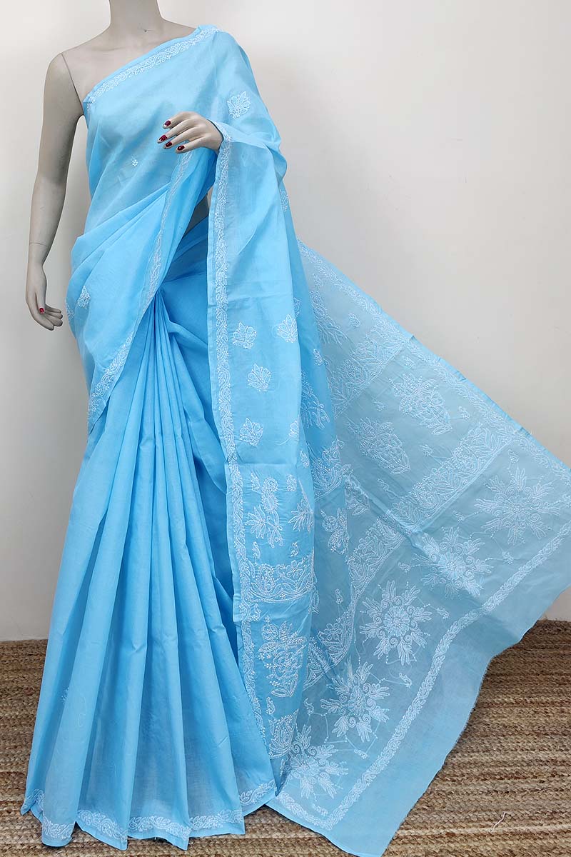 Blue Color Hand Embroidered Lucknowi Chikankari Saree (With Blouse - Cotton) MC252539