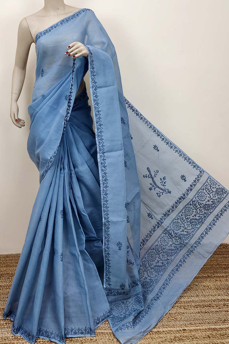 Grey Color Hand Embroidered Lucknowi Chikankari Saree (With Blouse - Cotton) MC252541