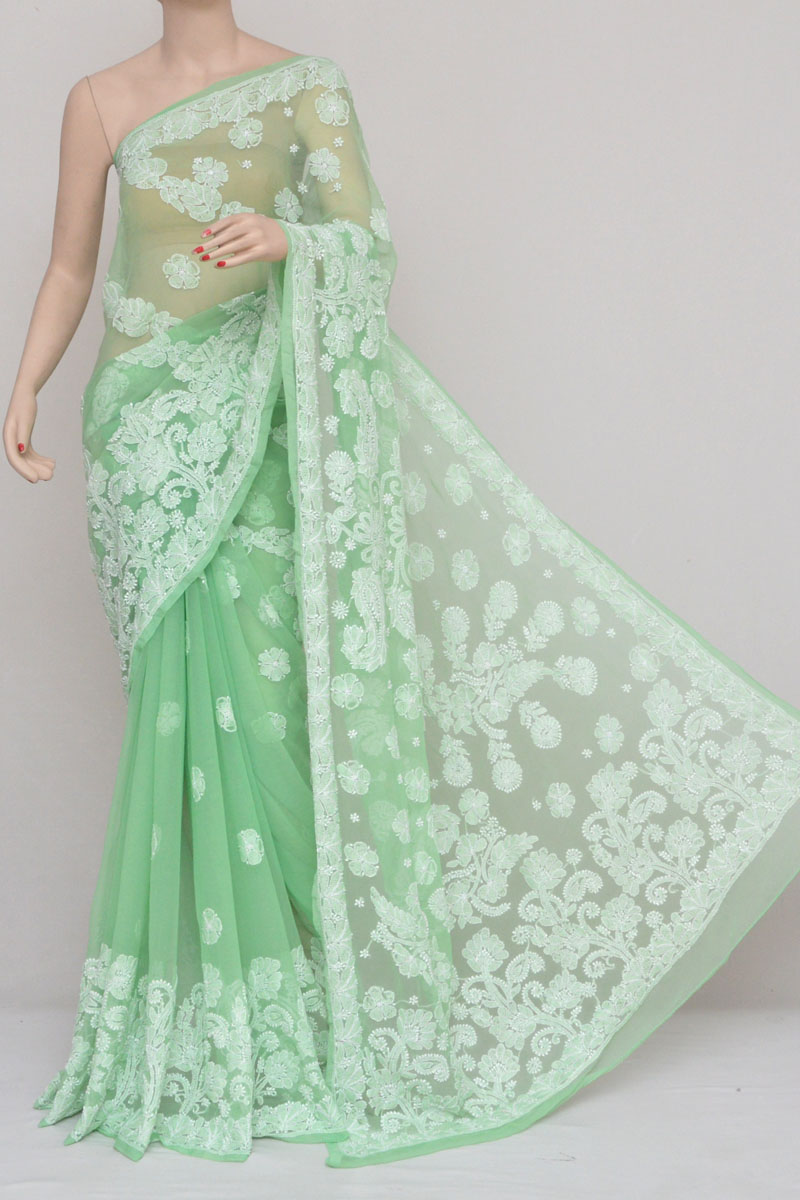 Green Hand Embroidered Lucknowi Chikankari Saree (With Blouse - Georgette) MC250940