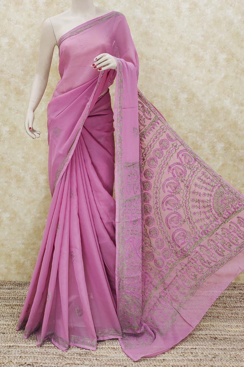 Pink Colour Designer Hand Embroidered Lucknowi Chikankari Saree ( With Blouse - Georgette ) MC251498