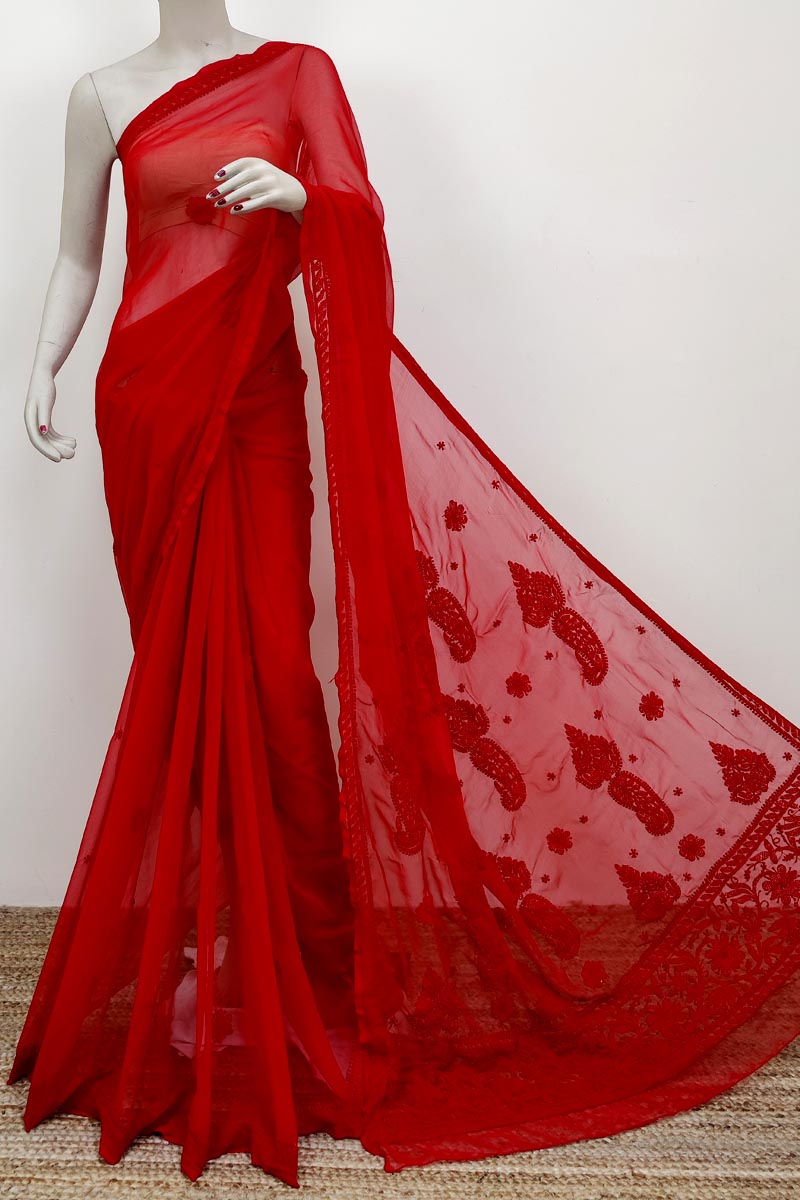 Red Colour Georgette Lucknowi Chikankari (Saree with Blouse) MC252626