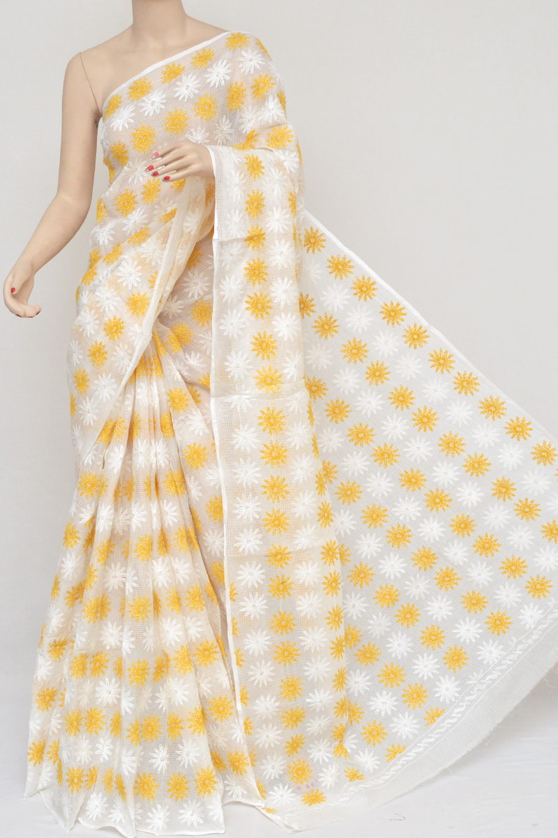 White-Yellow Color Kota Cotton Tepchi Work Hand Embroidered Lucknowi Chikankari Saree (Without Blouse) MC251047