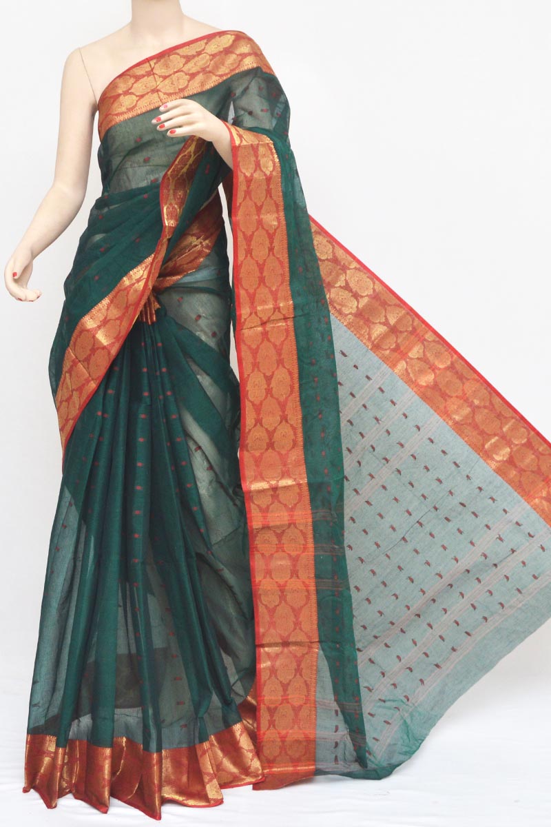 Dark-Green Color With Zari Border Cotton Tant Bengal Handloom Saree (Without Blouse) - MC251076