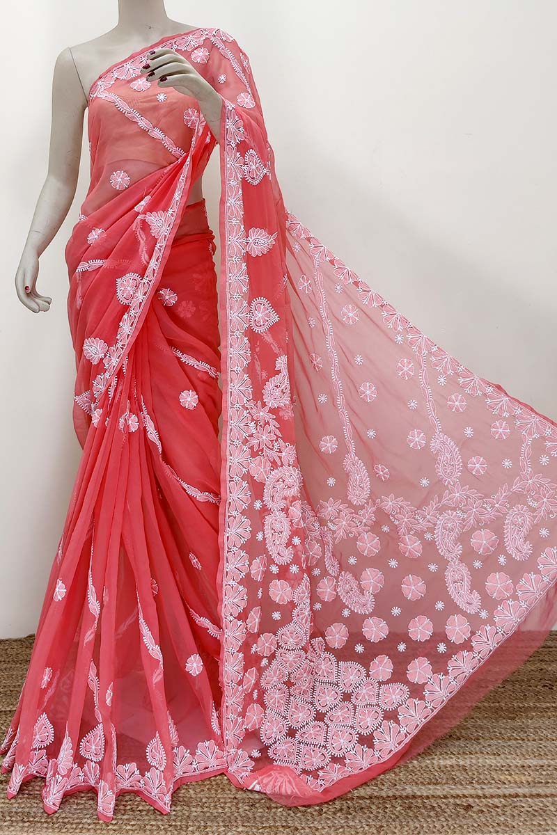 Carrot Color Hand Embroidered Lucknowi Chikankari Saree (With Blouse - Georgette) MC252401