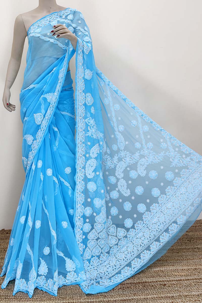Sky Blue Color Hand Embroidered Lucknowi Chikankari Saree (With Blouse - Georgette) MC252403