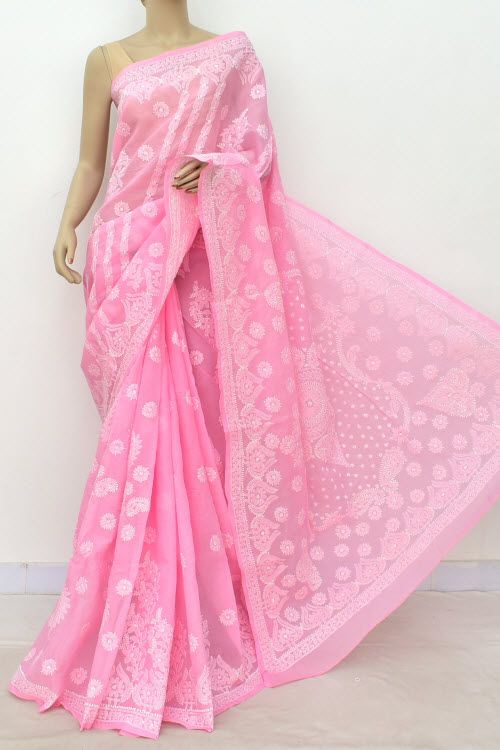 Pink Color Hand Embroidered Lucknowi Chikankari Saree (With Blouse - Cotton) 14787