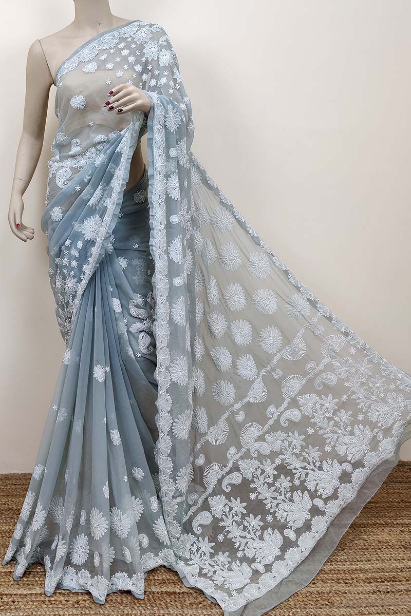 Grey Color Hand Embroidered Lucknowi Chikankari Saree (With Blouse - Georgette) MC252526