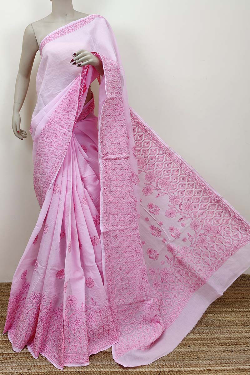 Pink Color Designer Hand Embroidered Lucknowi Chikankari Saree (With Blouse - Cotton) MC252528
