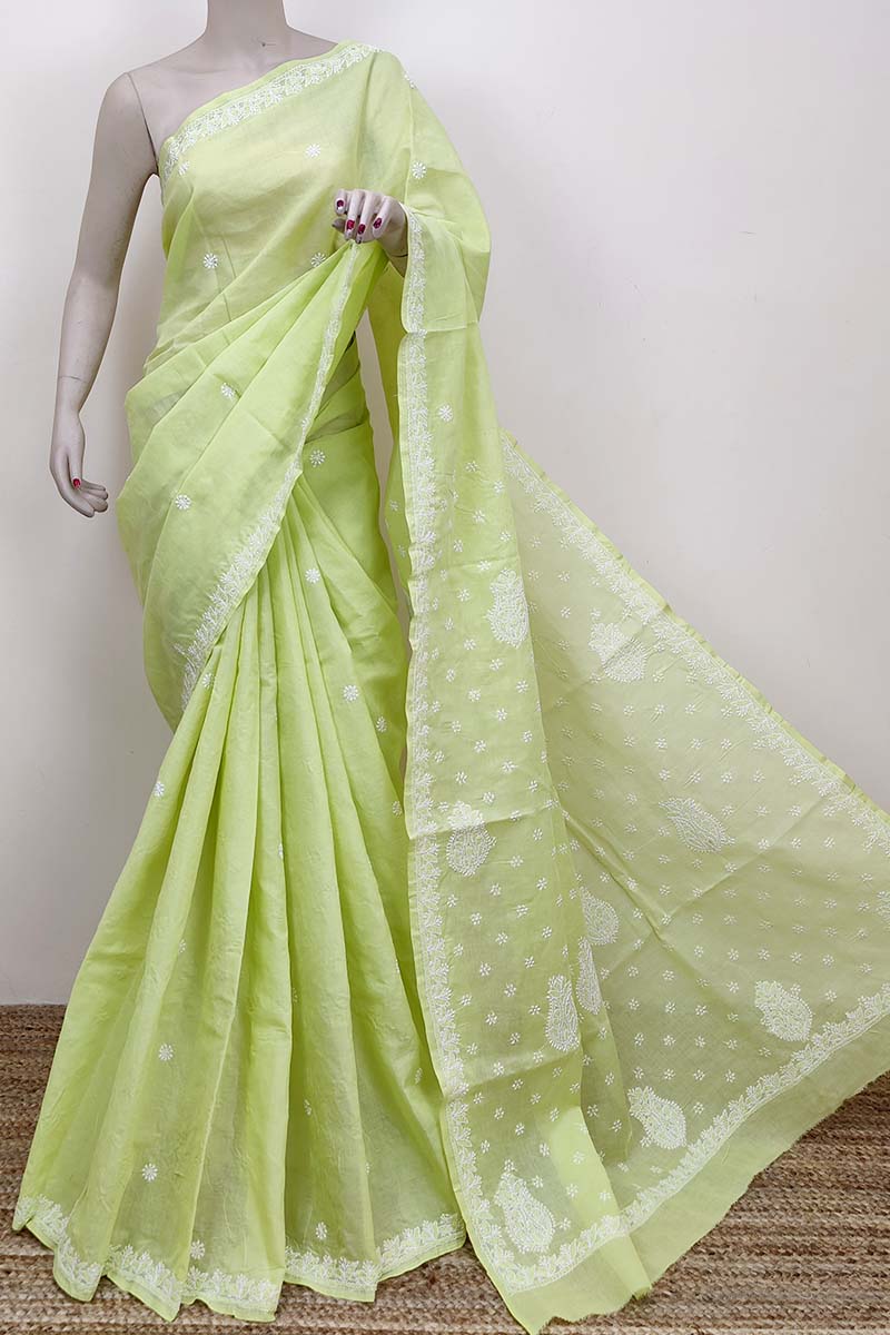 Green Color Hand Embroidered Lucknowi Chikankari Saree (With Blouse - Cotton) MC252547