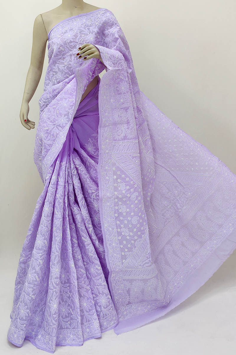 Lavender color allover Hand Embroidered Lucknowi Chikankari Saree (With Blouse - Cotton) MN252123
