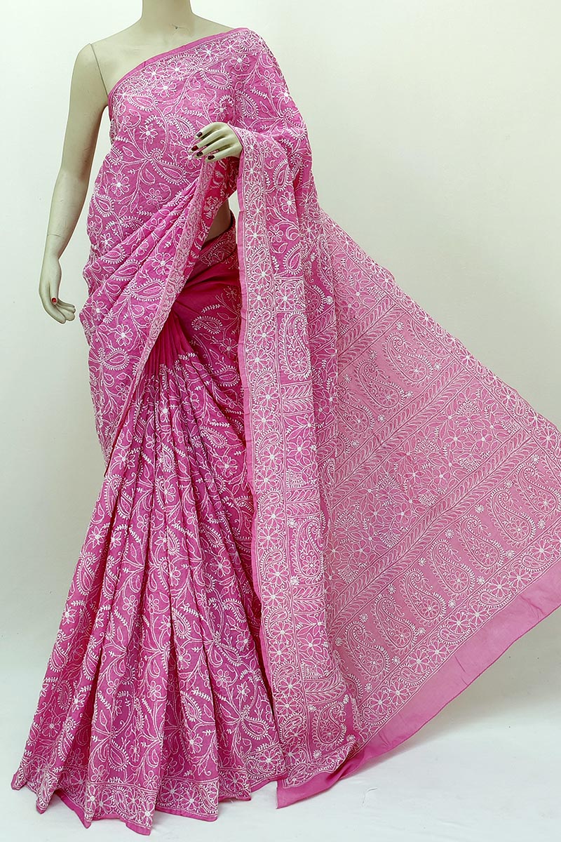 Dark Pink color allover Hand Embroidered Lucknowi Chikankari Saree (With Blouse - Cotton) MN252131