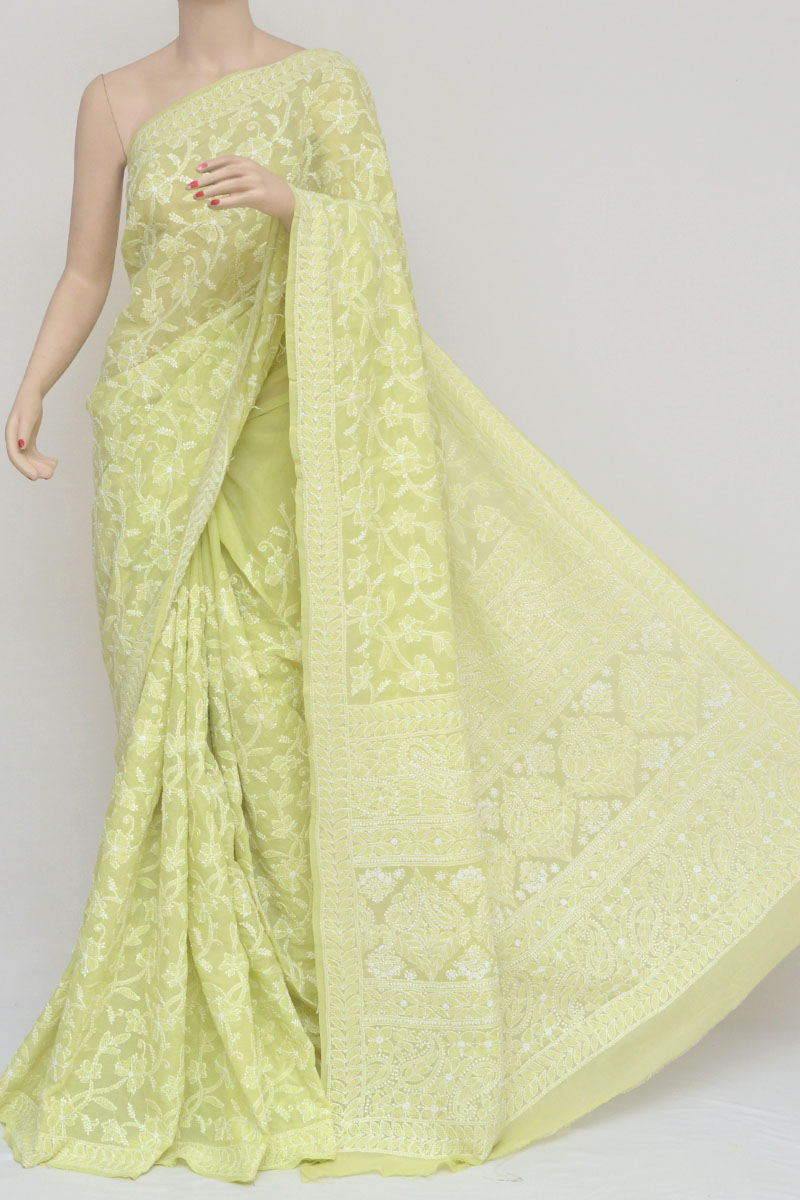 Parrot Green Color Allover Hand Embroidered Cotton Lucknowi Chikankari Saree (With Blouse-Cotton) MC250975