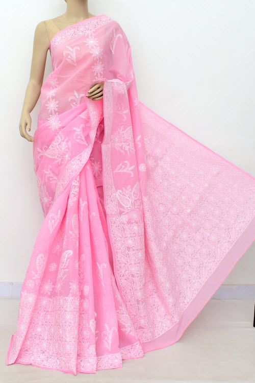 Pink Color Hand Embroidered Lucknowi Chikankari Saree (With Blouse - Cotton) 14798