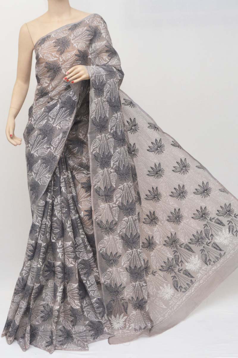 Grey Color Kota Cotton Tepchi Work Hand Embroidered Lucknowi Chikankari Saree (Without Blouse) PU251172