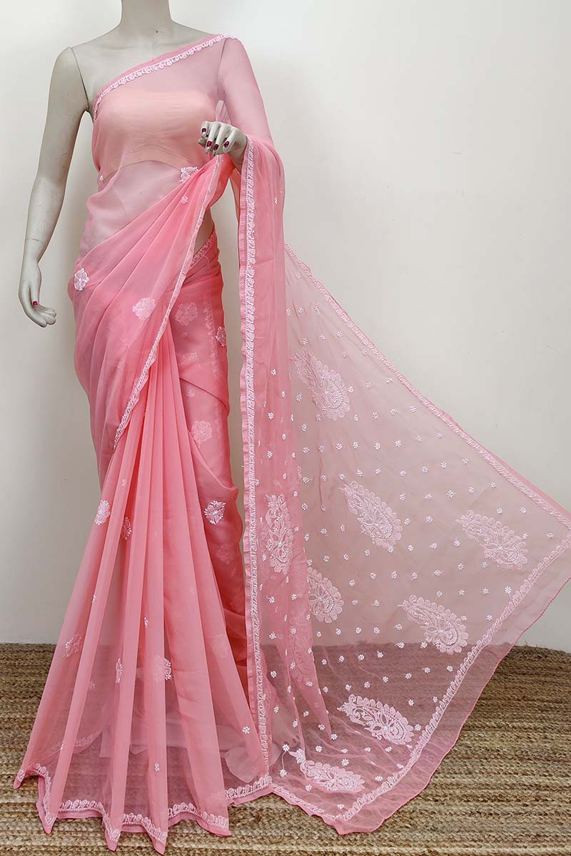 Peach Color Hand Embroidered Lucknowi Chikankari Saree (With Blouse - Georgette) MC252549