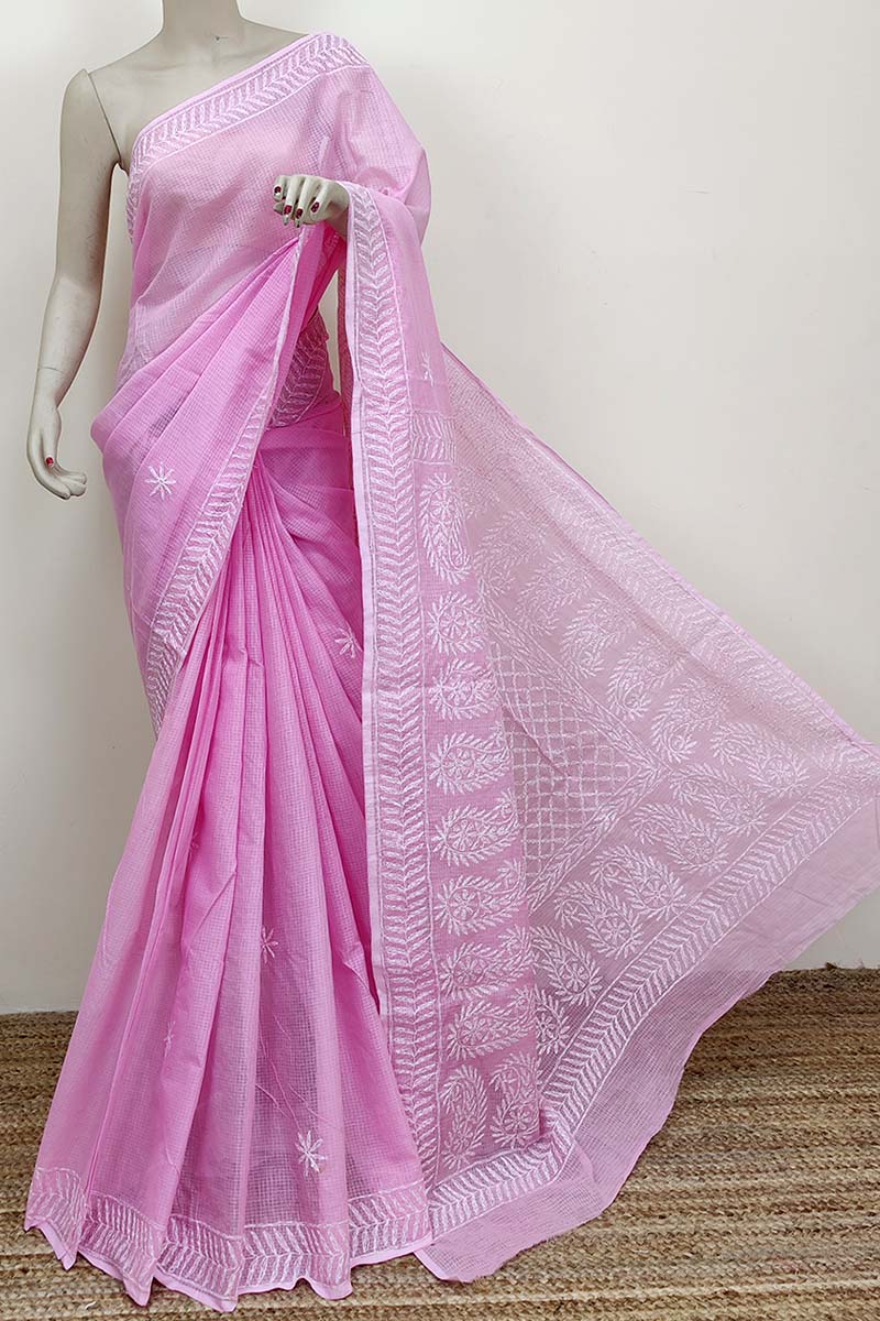 Pink color Hand Embroidered Work Lucknowi Chikankari Saree With Blouse (Kota Cotton) MC252550