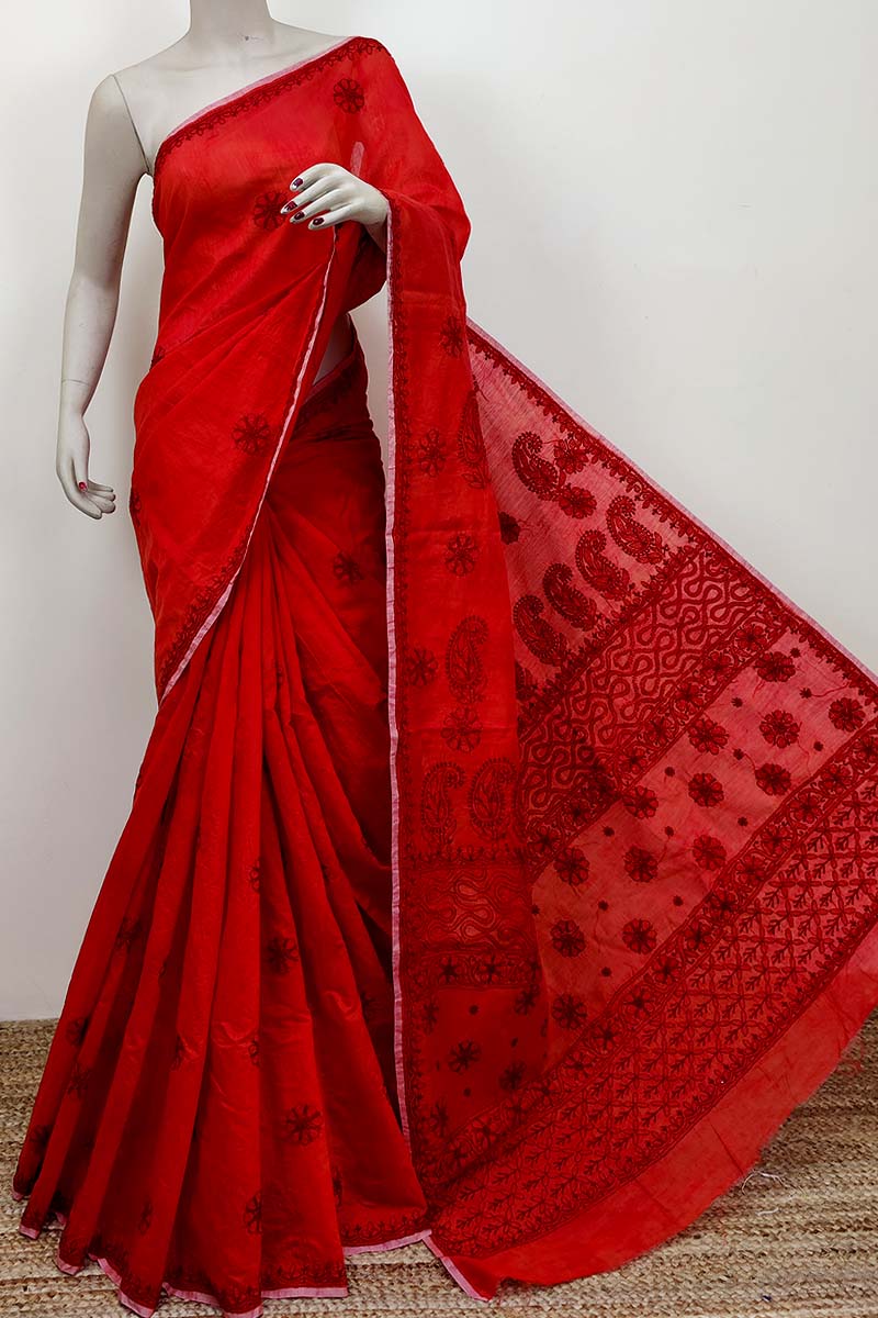 Red color Hand Embroidered Work Lucknowi Chikankari Saree With Blouse (Chanderi Cotton) MC252551