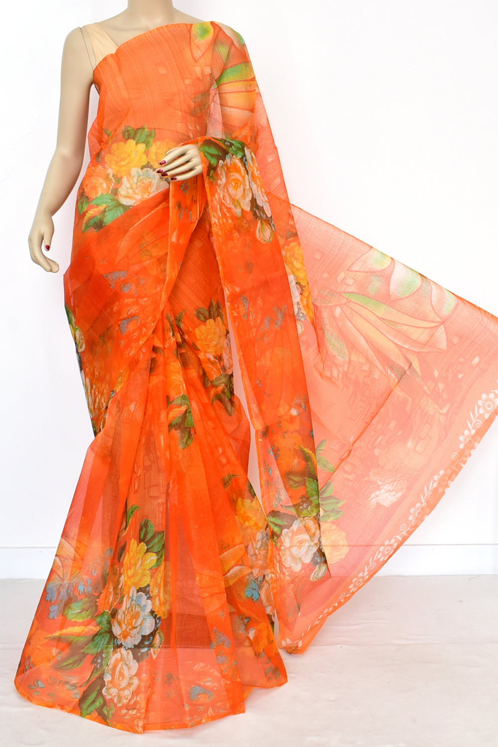 Orange JP Munga Kota Floral Print Handloom Cotton Saree without Blouse 15644