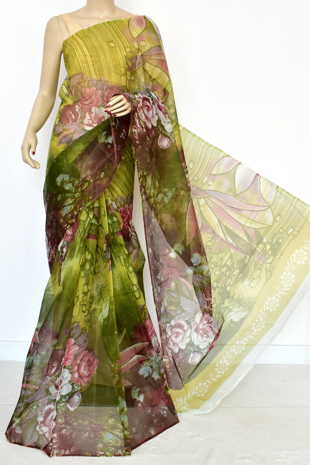 Mehandi Green JP Munga Kota Floral Print Handloom Cotton Saree without Blouse 15645