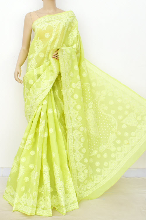 Green Color Hand Embroidered Lucknowi Chikankari Saree (With Blouse - Cotton) 14790
