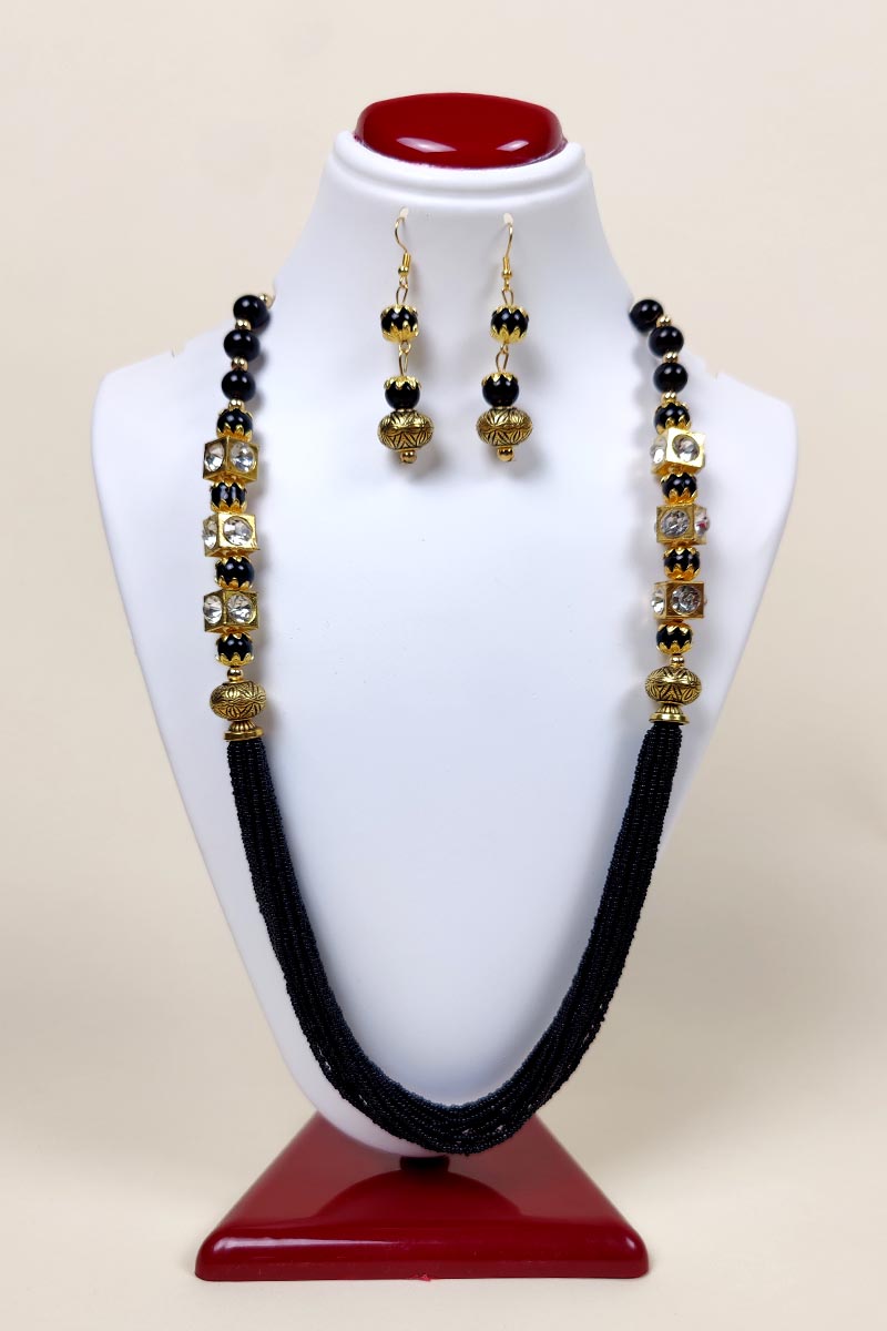 Black Color Neckpiece Pearl Work and Zircon Beaded Chains and with a pair of Dangle Earrings MC252646