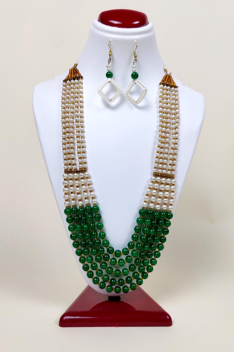 Green & White Color Beaded Layered Necklace with a Dangle Earings MC252639