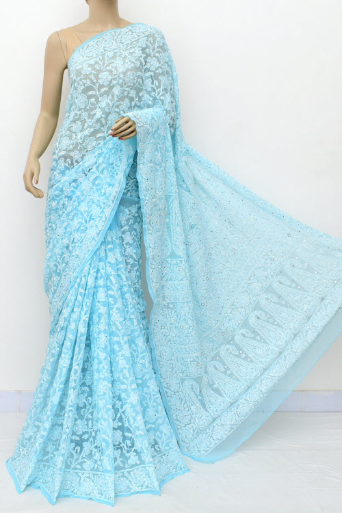 Blue Hand Embroidered Lucknowi Chikankari Saree with Allover Mukaish (Georgette-With Blouse) 14964