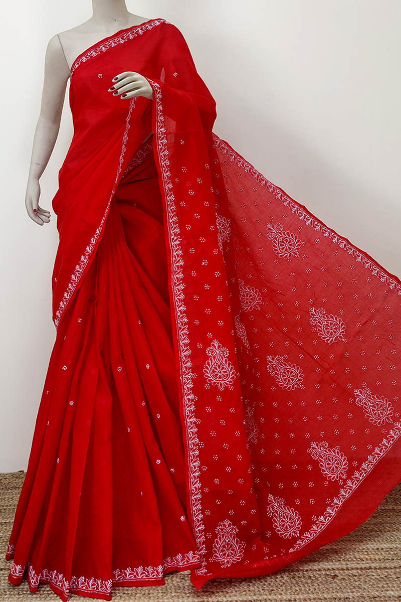 Red Color Designer Hand Embroidered Lucknowi Chikankari Saree (With Blouse - Cotton) MC252307