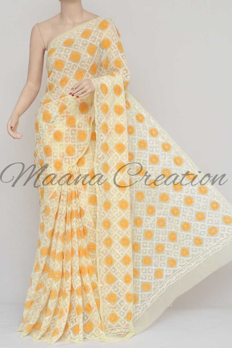 Yellow Color Tepchi Work Multithread Hand Embroidered Lucknowi Chikankari Saree (With Blouse - Georgette) HS250879