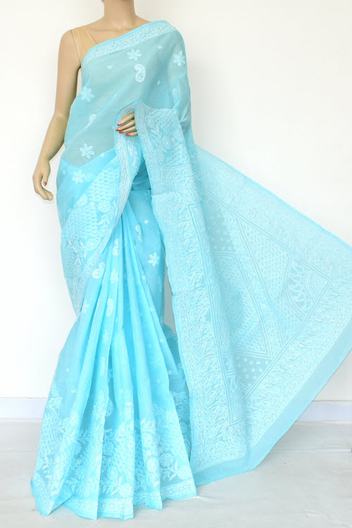 Blue Hand Embroidered Lucknowi Chikankari Saree (With Blouse - Cotton) 14764