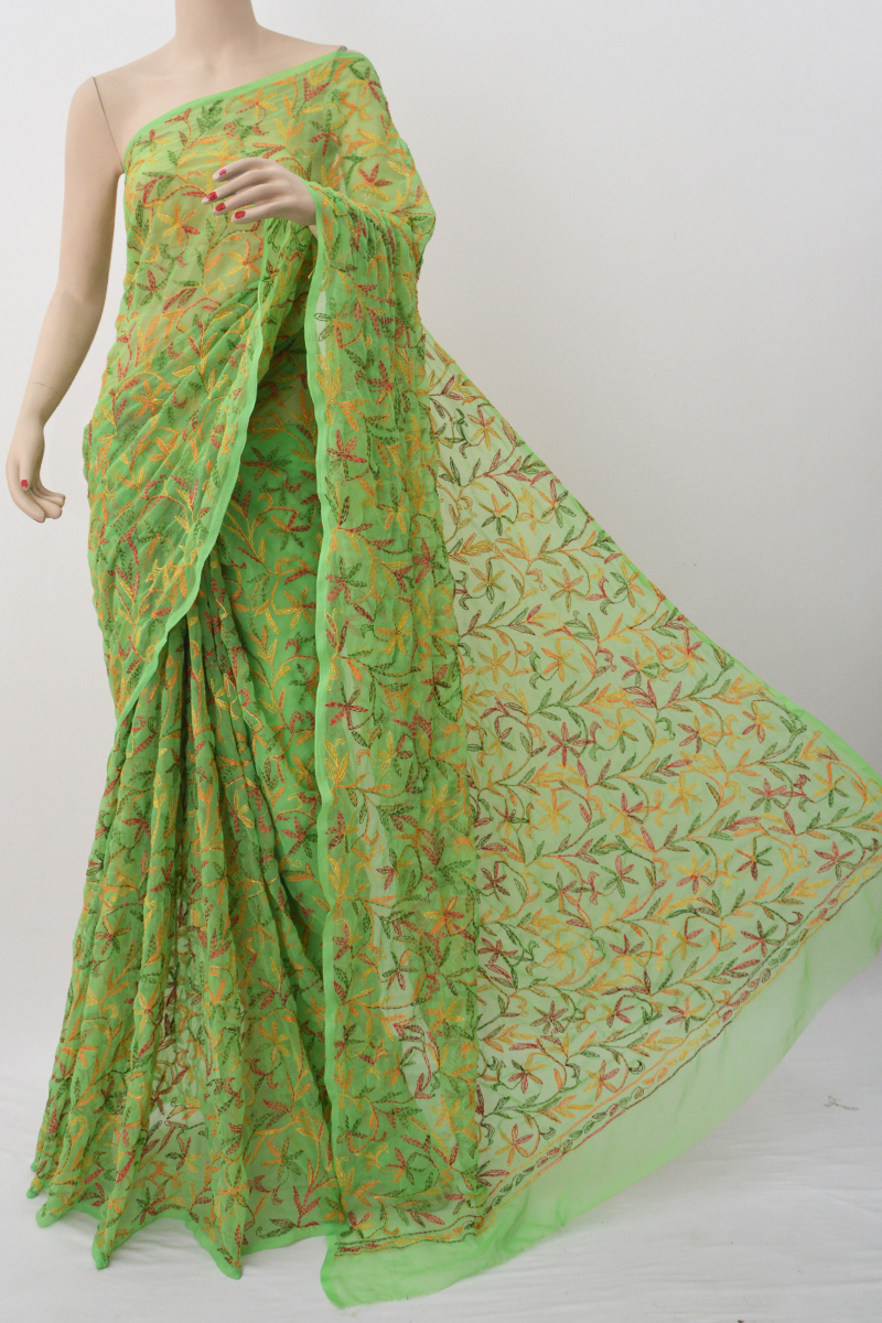Green Color Multithread Tepchi Work Hand Embroidered Lucknowi Chikankari Saree (With Blouse) MC251465