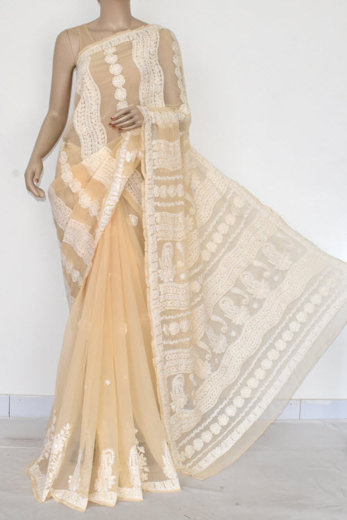 Beige Hand Embroidered Lucknowi Chikankari Saree (Georgette-With Blouse) 14603