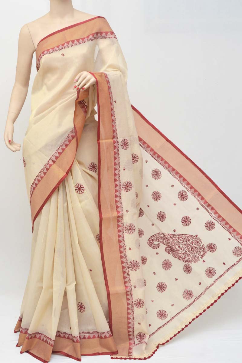 Red Color Booti with Chanderi Border Supernet Hand Embroidered Lucknowi Chikankari Saree (With Blouse - Supernet) HS251068