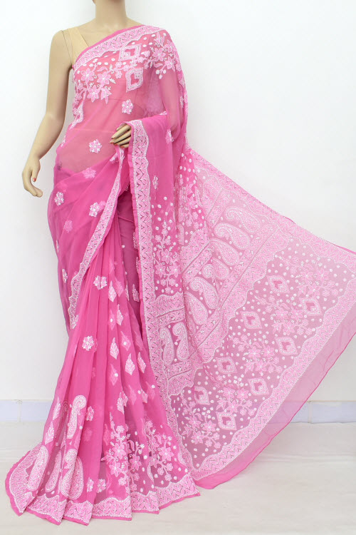 Pink Hand Embroidered Lucknowi Chikankari Saree (Georgette-With Blouse) 17318