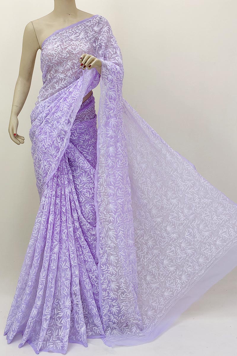 Lavender color Hand Embroidered Tepchi Work Lucknowi Chikankari Saree With Blouse (Faux Georgette) MN252139