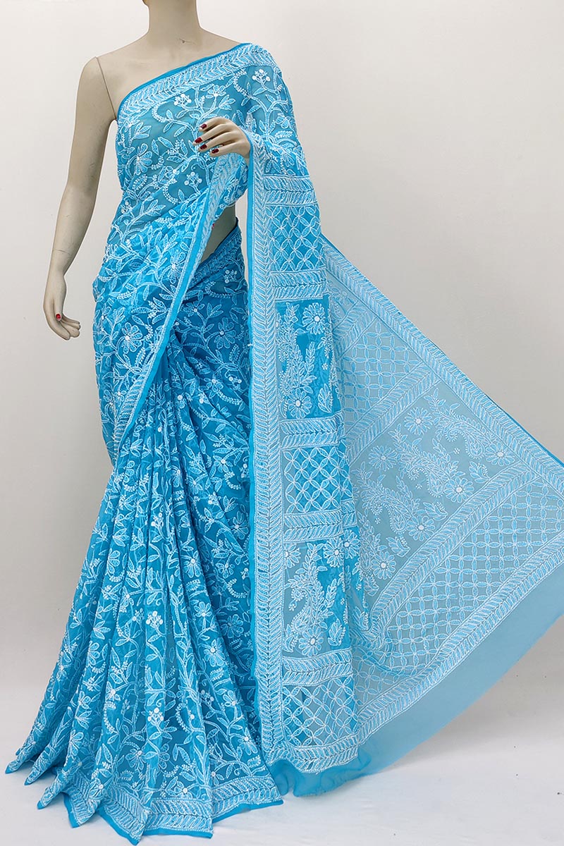 Turquoise Blue Color Allover Hand Embroidered Lucknowi Chikankari Saree (With Blouse - Georgette) MN252140