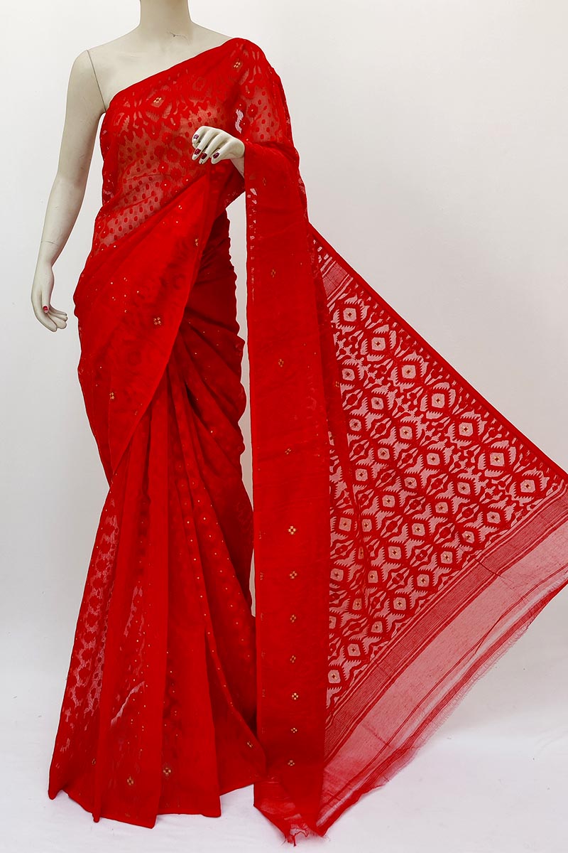 Red Color Soft Cotton Jamdani Bengal Handloom Saree (With Blouse - Cotton) MN252144