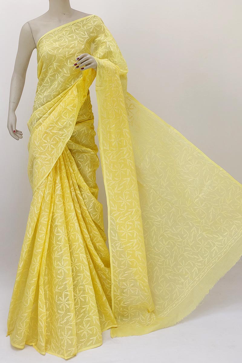 Yellow color Hand Embroidered Tepchi Work Lucknowi Chikankari Saree Without Blouse (Kota Cotton) MN252171