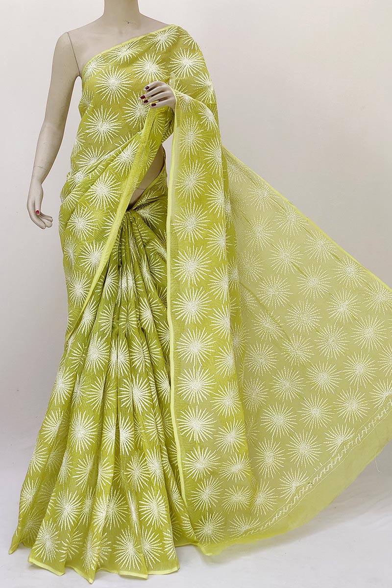 Light Green color Hand Embroidered Tepchi Work Lucknowi Chikankari Saree (With Blouse - Cotton) MN252175