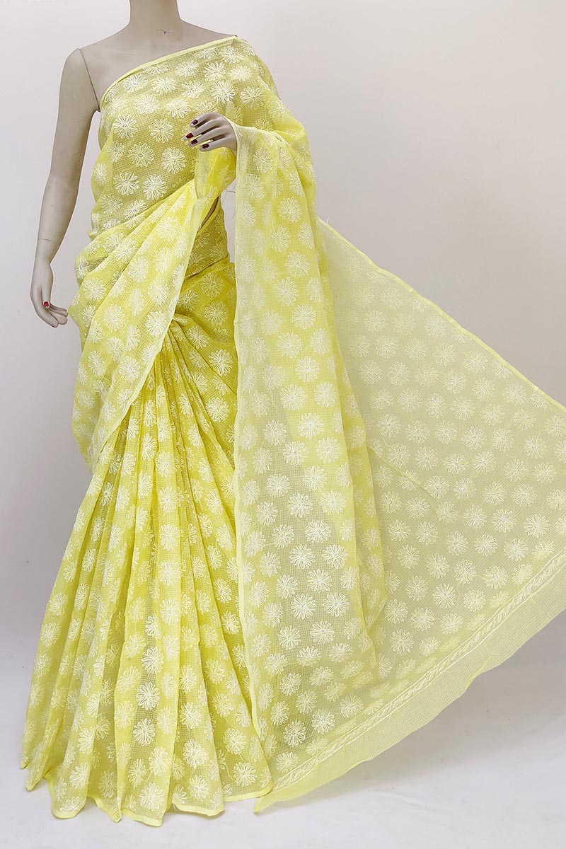 Lemon color Hand Embroidered Tepchi Work Lucknowi Chikankari Saree (With Blouse - Cotton) MN252176