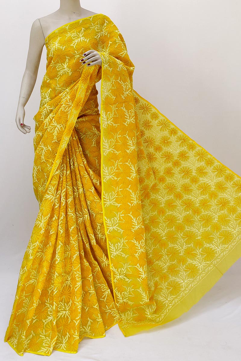 Yellow color Hand Embroidered Tepchi Work Lucknowi Chikankari Saree Without Blouse (Kota Cotton) MN252178