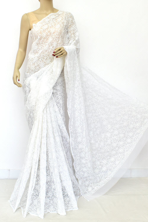 White Hand Embroidered  Tepchi Work Lucknowi Chikankari Saree With Blouse (Faux Georgette) 15195