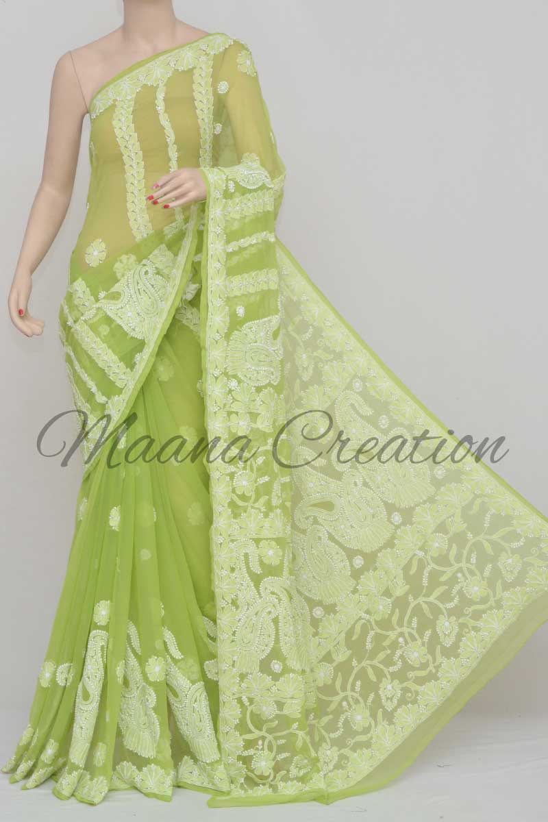 Green Color Hand Embroidered Designer Lucknowi Chikankari Saree (With Blouse - Georgette) HS250887