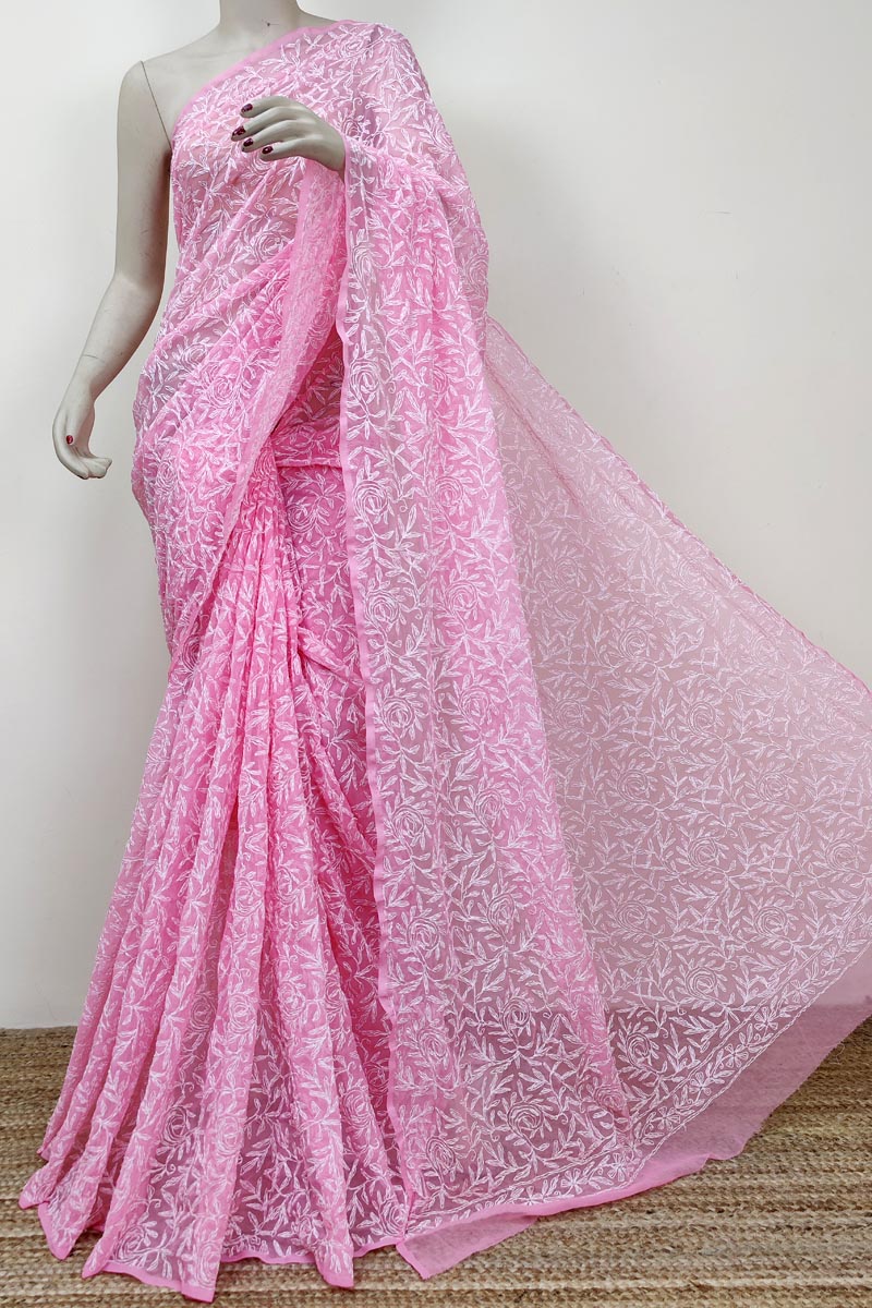 Pink Colour Georgette Lucknowi Chikankari Tepchi Saree (with Blouse) MC252759
